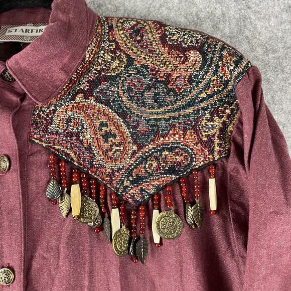VTG Starfire Embellished Top Womens 12 Burgundy Beaded Jacquard Patch Western - Picture 4 of 16